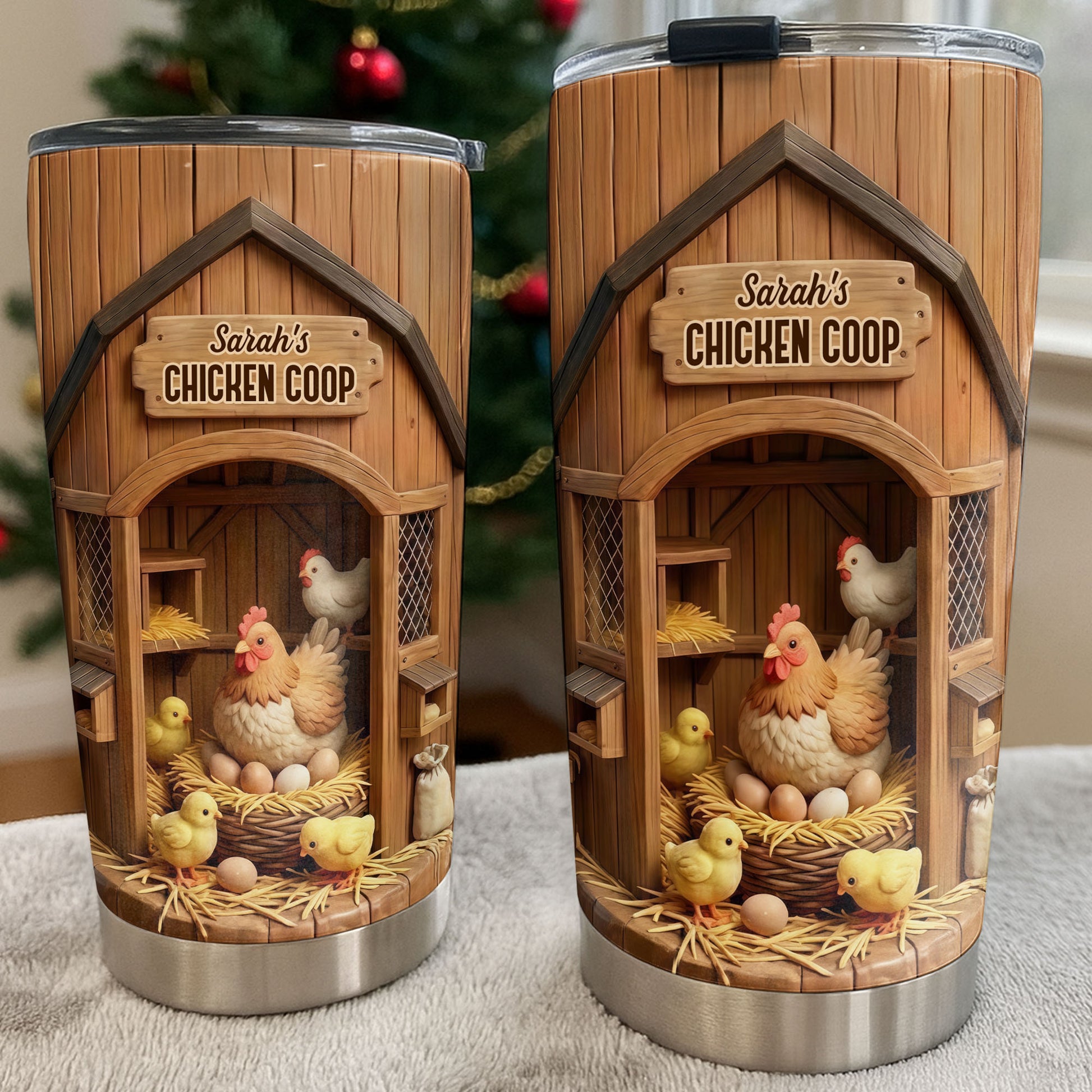 Chicken Coop With Hens And Chicks On Barn Wood