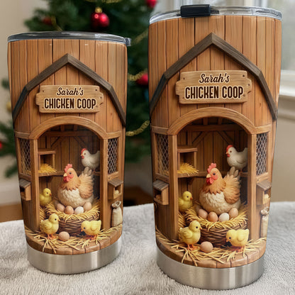 Chicken Coop With Hens And Chicks On Barn Wood