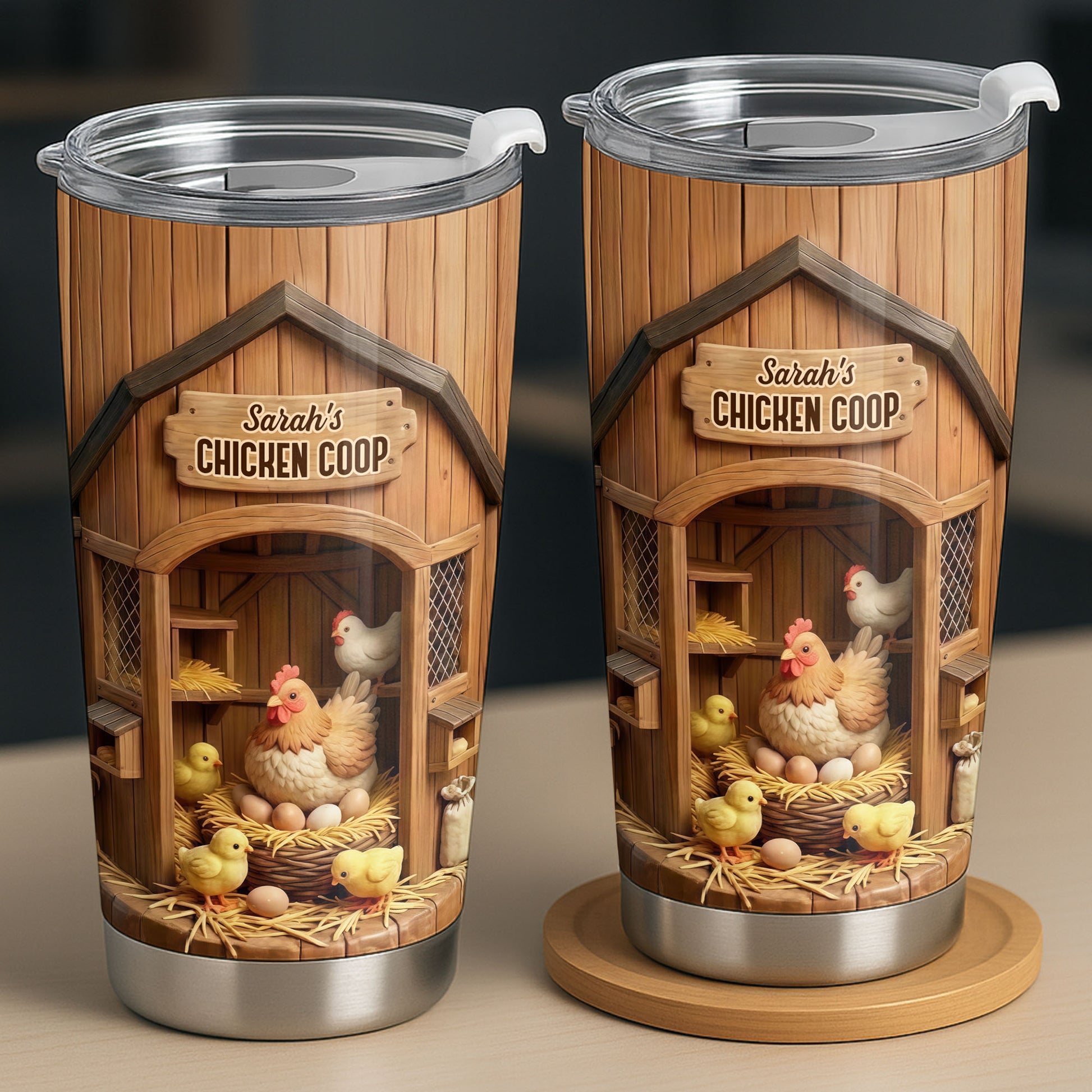 Chicken Coop With Hens And Chicks On Barn Wood