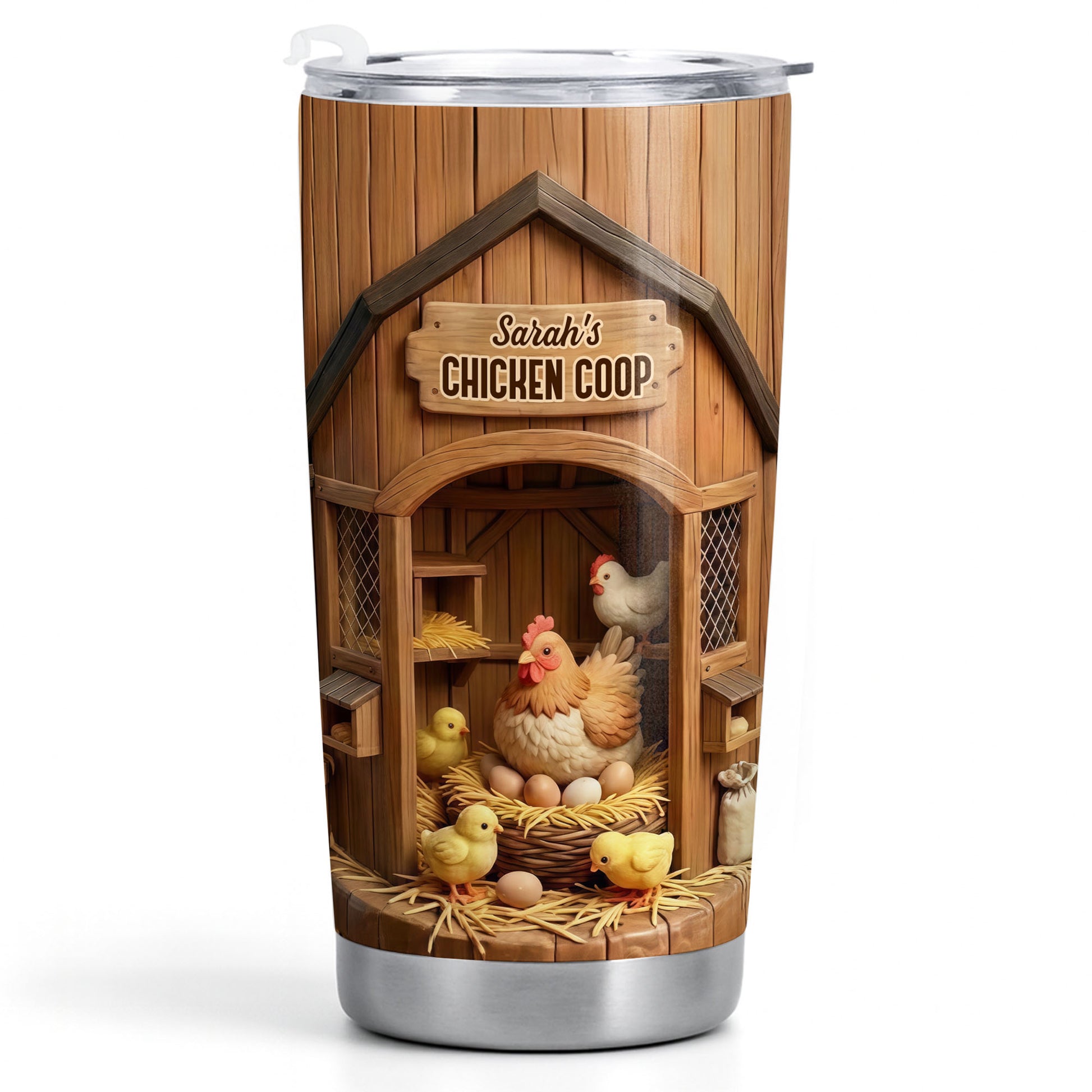 Chicken Coop With Hens And Chicks On Barn Wood