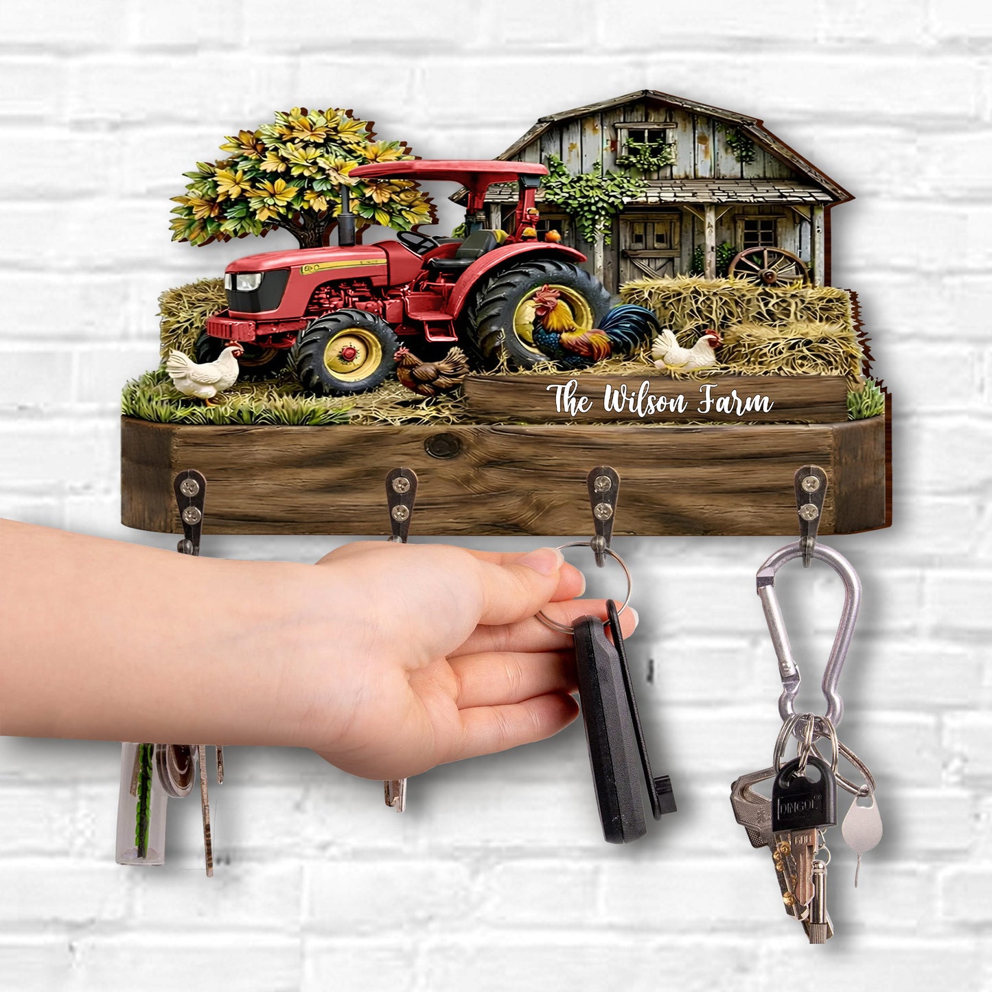 Our Farm With Red Tractor Barn And Rooster - Personalized Key Holder - FARM059_KHO