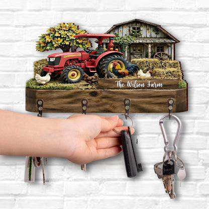 Our Farm With Red Tractor Barn And Rooster - Personalized Key Holder - FARM059_KHO