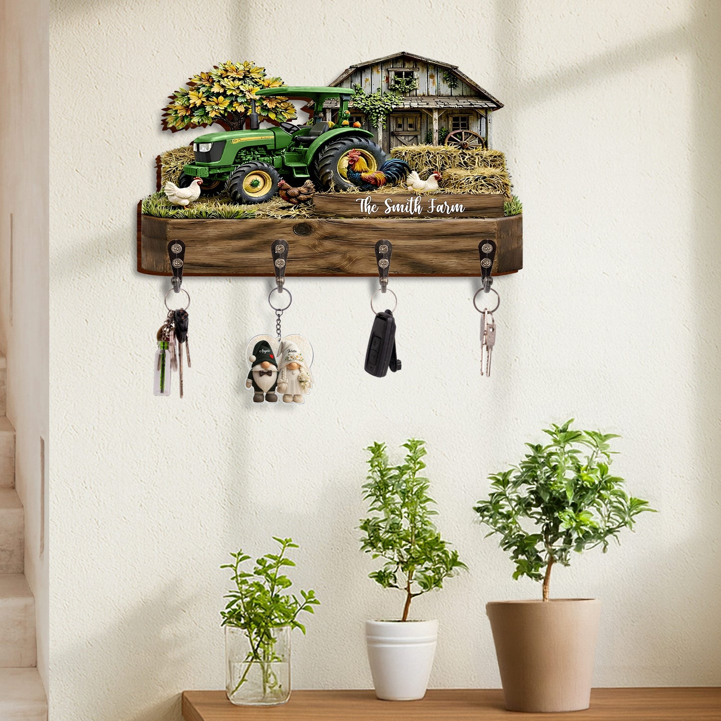Our Farm With Red Tractor Barn And Rooster - Personalized Key Holder - FARM059_KHO