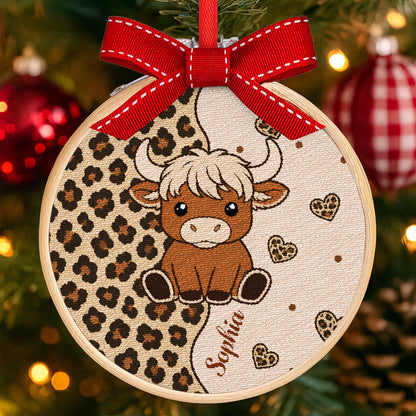 Cute Highland Cow With Leopard Print And Hearts Personalized Ornament - Personalized Embroidered Ornament - FARM070_EMBO