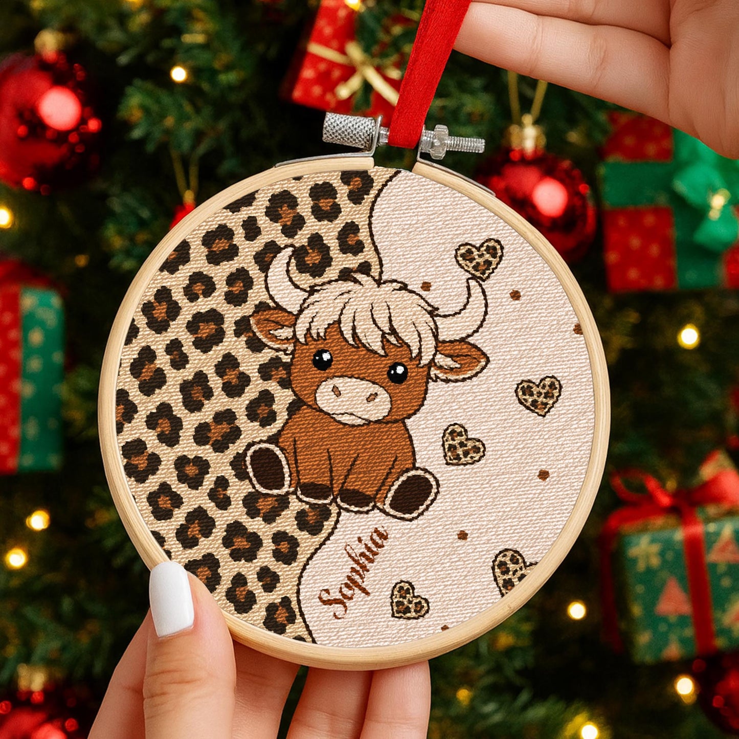 Cute Highland Cow With Leopard Print And Hearts Personalized Ornament - Personalized Embroidered Ornament - FARM070_EMBO