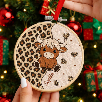 Cute Highland Cow With Leopard Print And Hearts Personalized Ornament - Personalized Embroidered Ornament - FARM070_EMBO