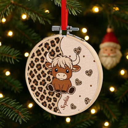 Cute Highland Cow With Leopard Print And Hearts Personalized Ornament - Personalized Embroidered Ornament - FARM070_EMBO