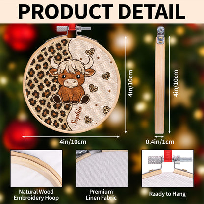 Cute Highland Cow With Leopard Print And Hearts Personalized Ornament - Personalized Embroidered Ornament - FARM070_EMBO