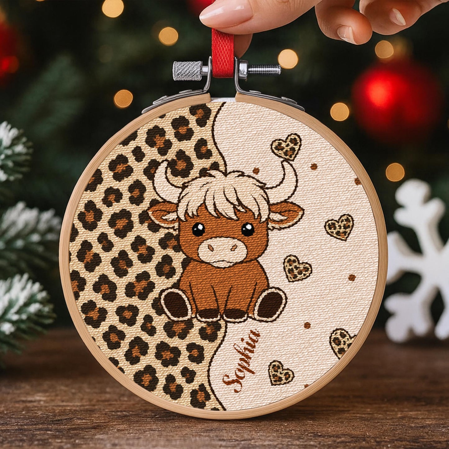 Cute Highland Cow With Leopard Print And Hearts Personalized Ornament - Personalized Embroidered Ornament - FARM070_EMBO