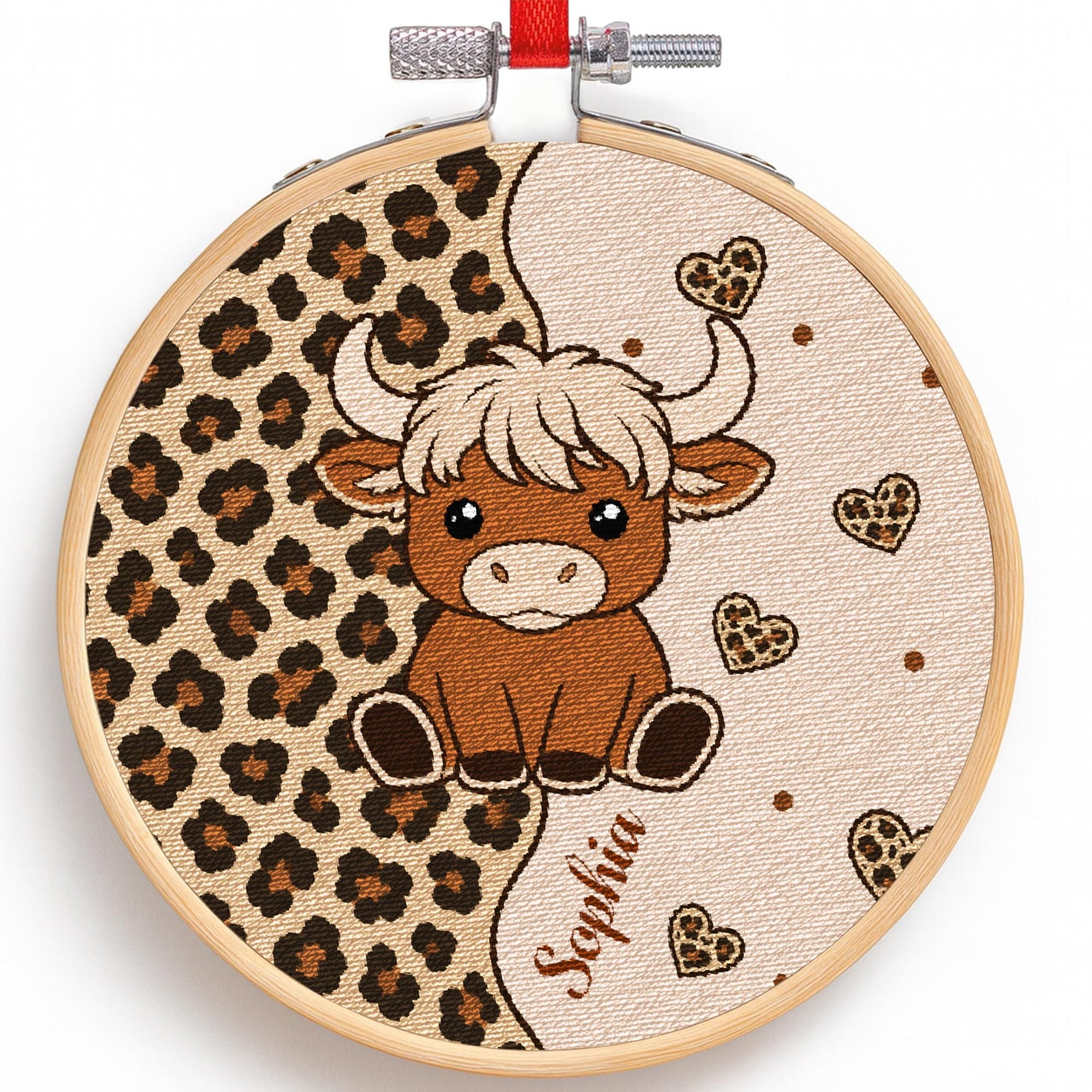 Cute Highland Cow With Leopard Print And Hearts Personalized Ornament - Personalized Embroidered Ornament - FARM070_EMBO