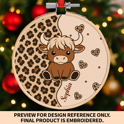 Cute Highland Cow With Leopard Print And Hearts Personalized Ornament - Personalized Embroidered Ornament - FARM070_EMBO