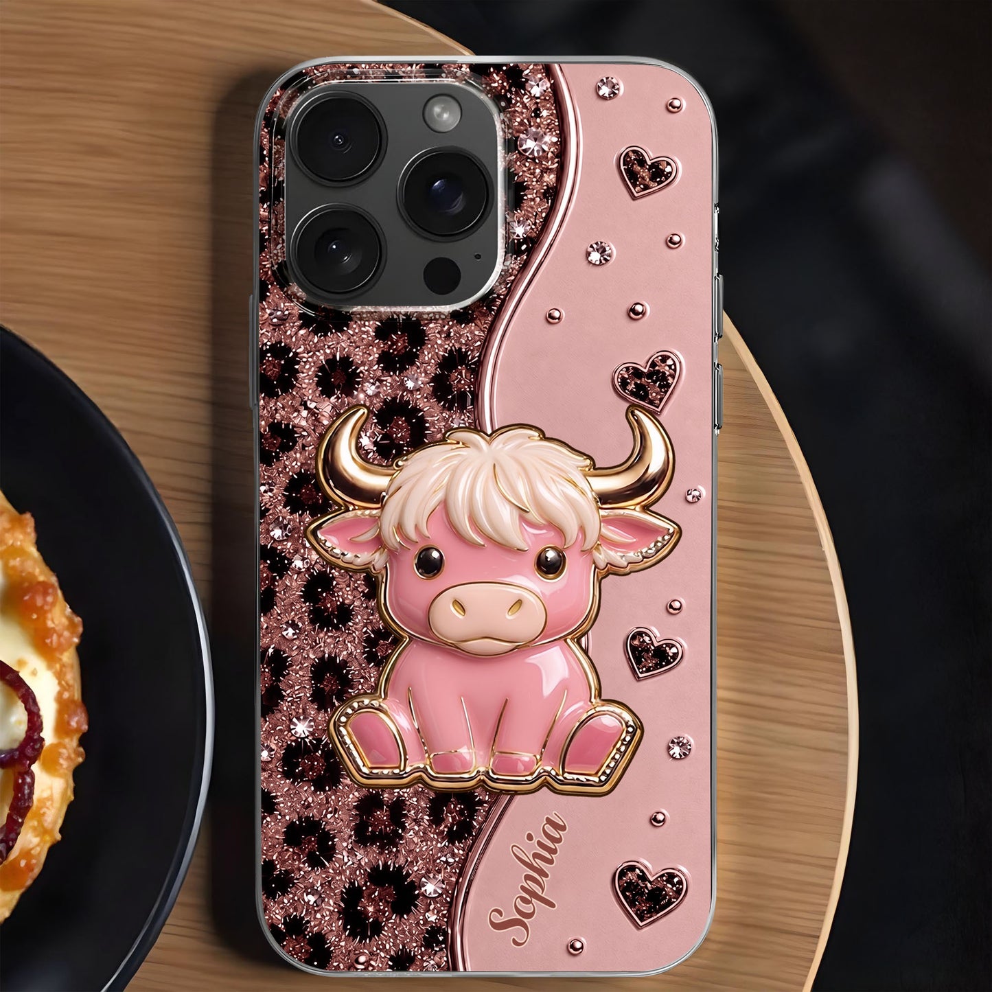 Cute Pink Highland Cow And Glitter Hearts Leopard Print - Personalized Clear Phone Case - FARM104_PHC