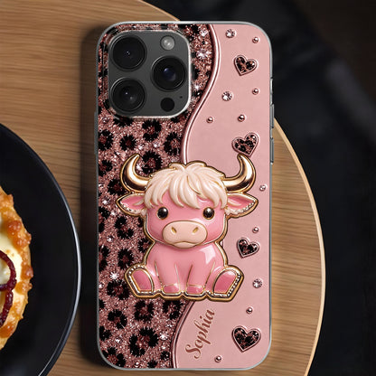 Cute Pink Highland Cow And Glitter Hearts Leopard Print - Personalized Clear Phone Case - FARM104_PHC