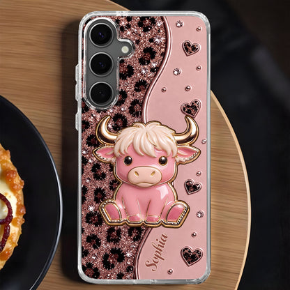 Cute Pink Highland Cow And Glitter Hearts Leopard Print - Personalized Clear Phone Case - FARM104_PHC