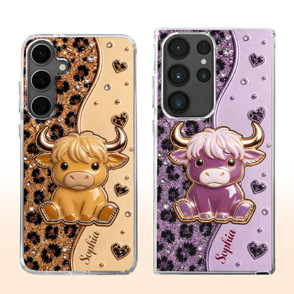 Cute Pink Highland Cow And Glitter Hearts Leopard Print - Personalized Clear Phone Case - FARM104_PHC