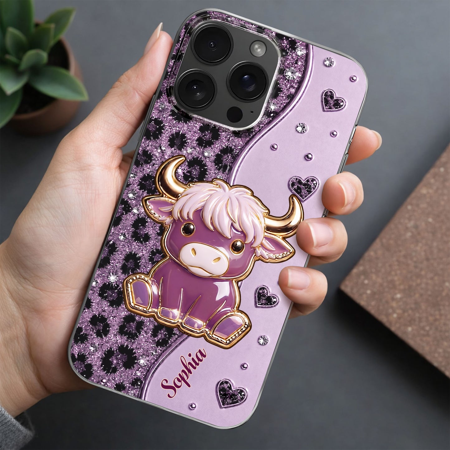 Cute Pink Highland Cow And Glitter Hearts Leopard Print - Personalized Clear Phone Case - FARM104_PHC