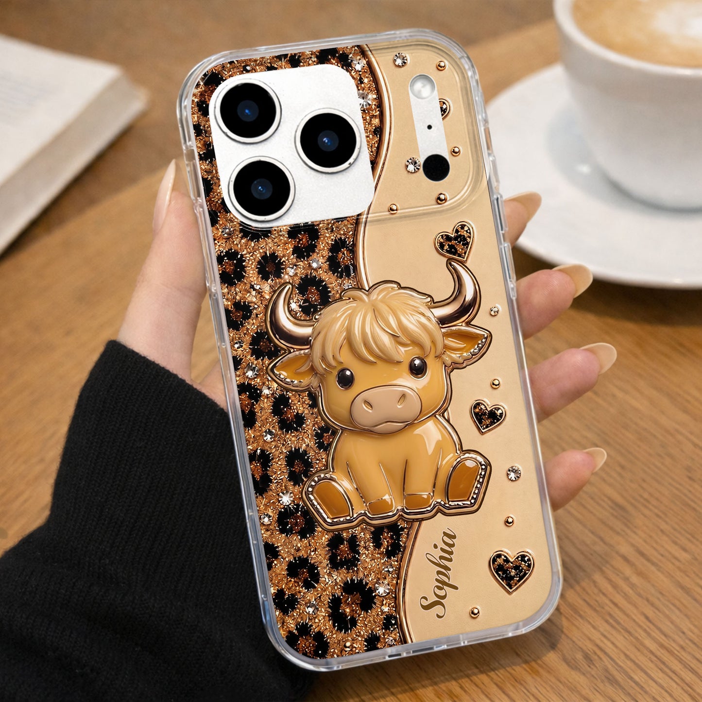 Cute Pink Highland Cow And Glitter Hearts Leopard Print - Personalized Clear Phone Case - FARM104_PHC
