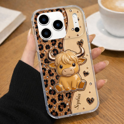 Cute Pink Highland Cow And Glitter Hearts Leopard Print - Personalized Clear Phone Case - FARM104_PHC