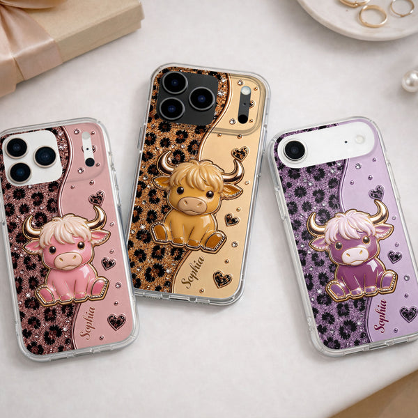 Cute Pink Highland Cow And Glitter Hearts Leopard Print - Personalized Clear Phone Case - FARM104_PHC