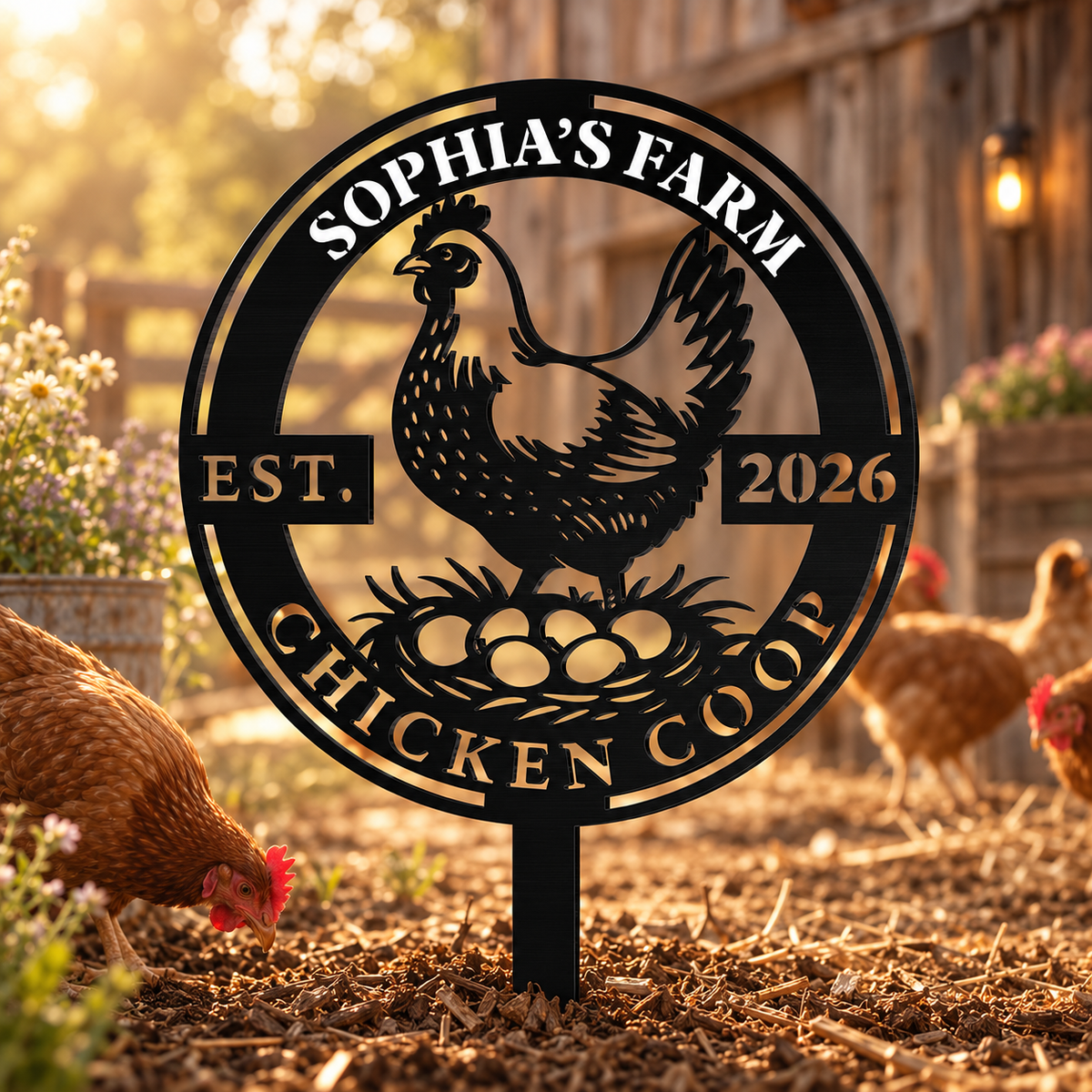 My Farm Chicken Coop With Hen And Eggs - Personalized Metal Garden Stake - FARM146_MEGSTA