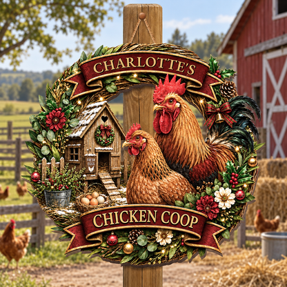Custom Name Chicken Coop Wreath With Rooster And Hen - Personalized Custom Shaped Wood Sign - FARM163_WSIGN