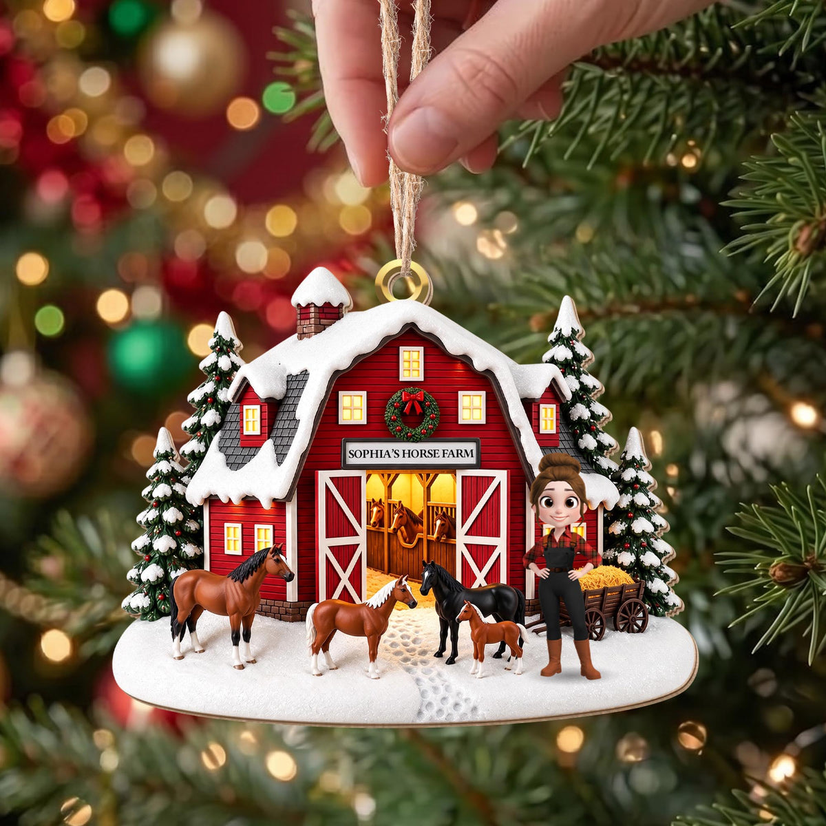 Horse Farm With Snowy Barn And Horses - Personalized Custom Wood Ornament, Custom Shaped - FARM169_WDO