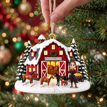 Horse Farm With Snowy Barn And Horses - Personalized Custom Wood Ornament, Custom Shaped - FARM169_WDO