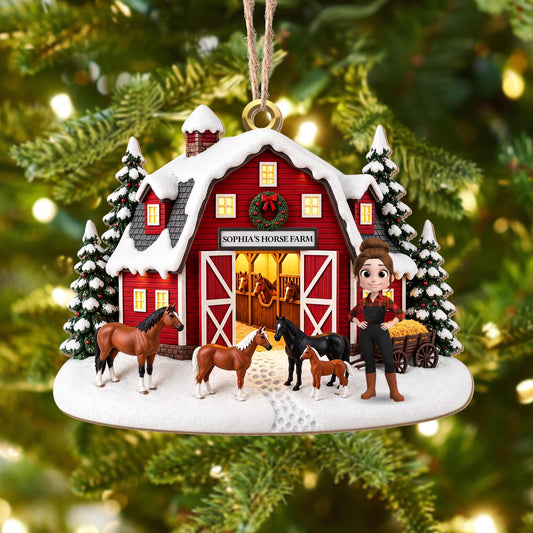 Horse Farm With Snowy Barn And Horses - Personalized Custom Wood Ornament, Custom Shaped - FARM169_WDO