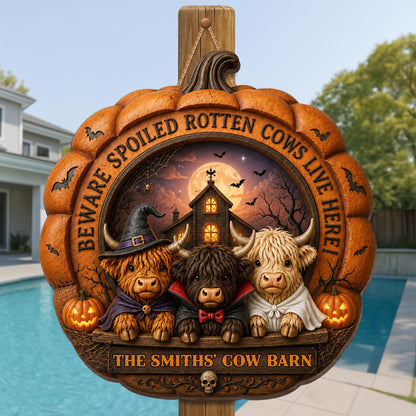 Beware Spoiled Rotten Cows Live Here Halloween Pumpkin Highland Cow Barn - Personalized Custom Shaped Wood Sign - FARM173_WSIGN