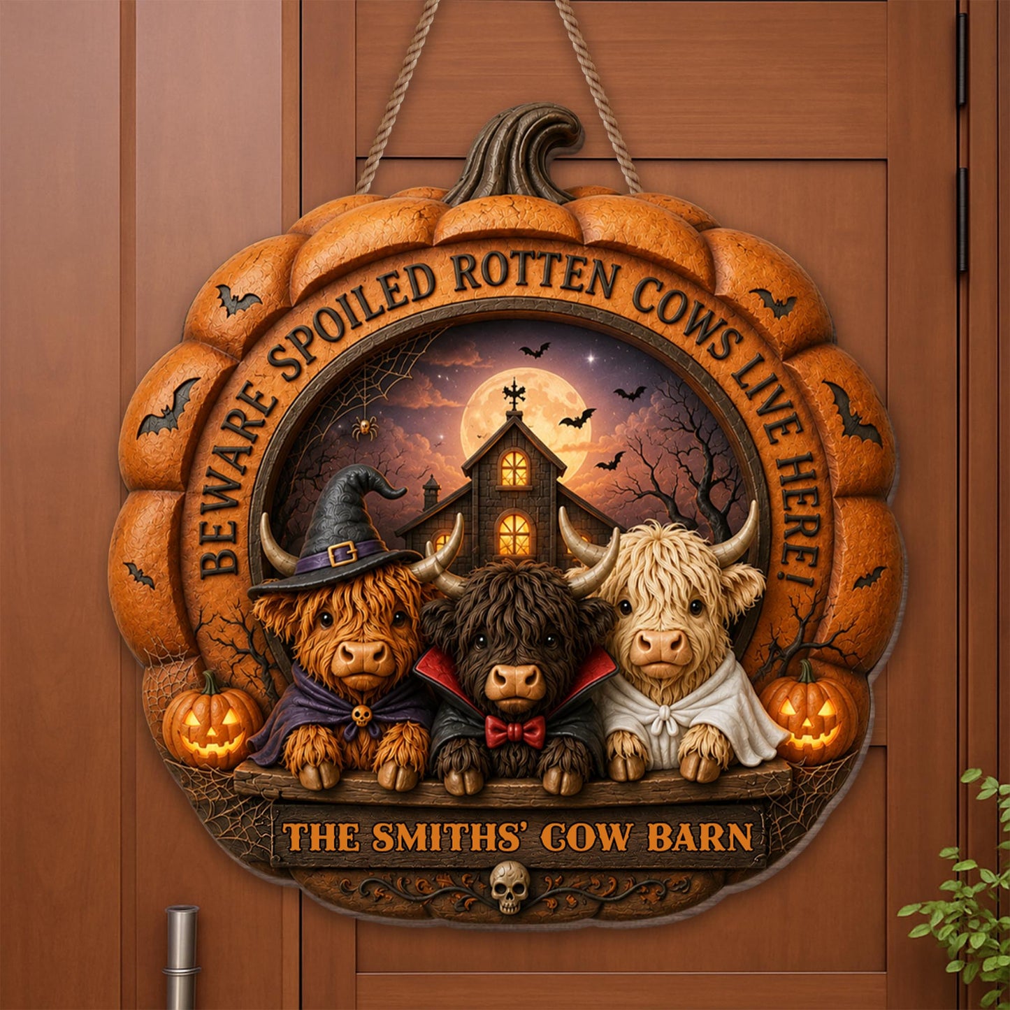 Beware Spoiled Rotten Cows Live Here Halloween Pumpkin Highland Cow Barn - Personalized Custom Shaped Wood Sign - FARM173_WSIGN