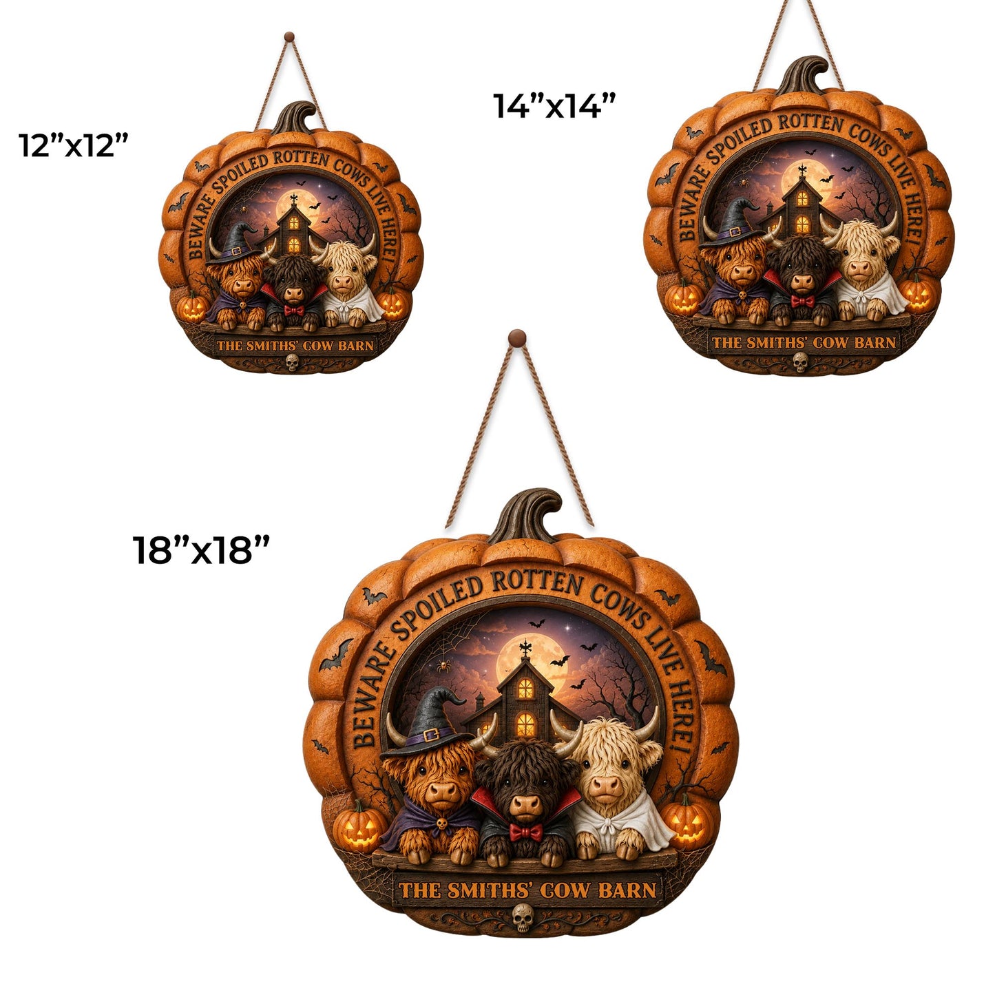 Beware Spoiled Rotten Cows Live Here Halloween Pumpkin Highland Cow Barn - Personalized Custom Shaped Wood Sign - FARM173_WSIGN