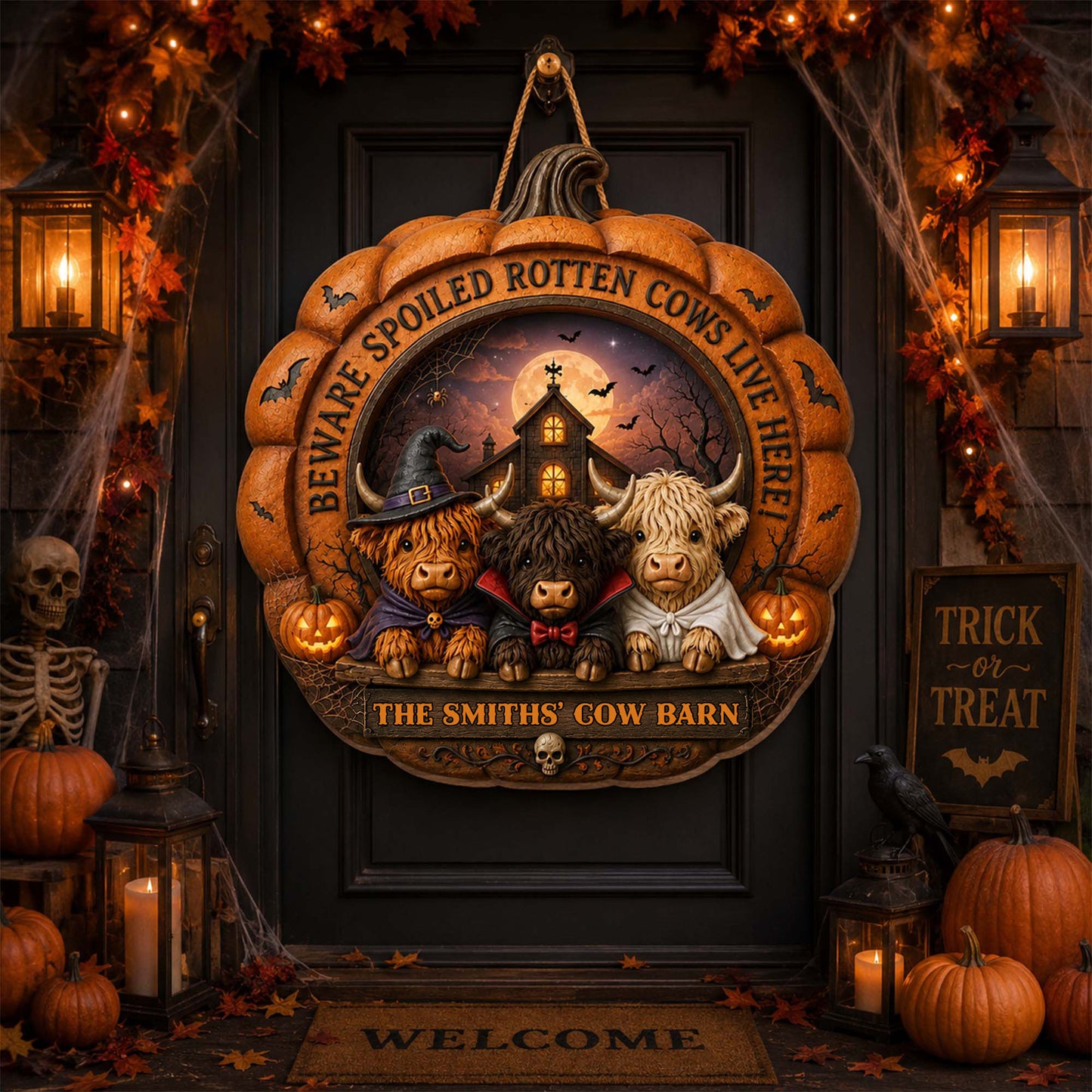 Beware Spoiled Rotten Cows Live Here Halloween Pumpkin Highland Cow Barn - Personalized Custom Shaped Wood Sign - FARM173_WSIGN