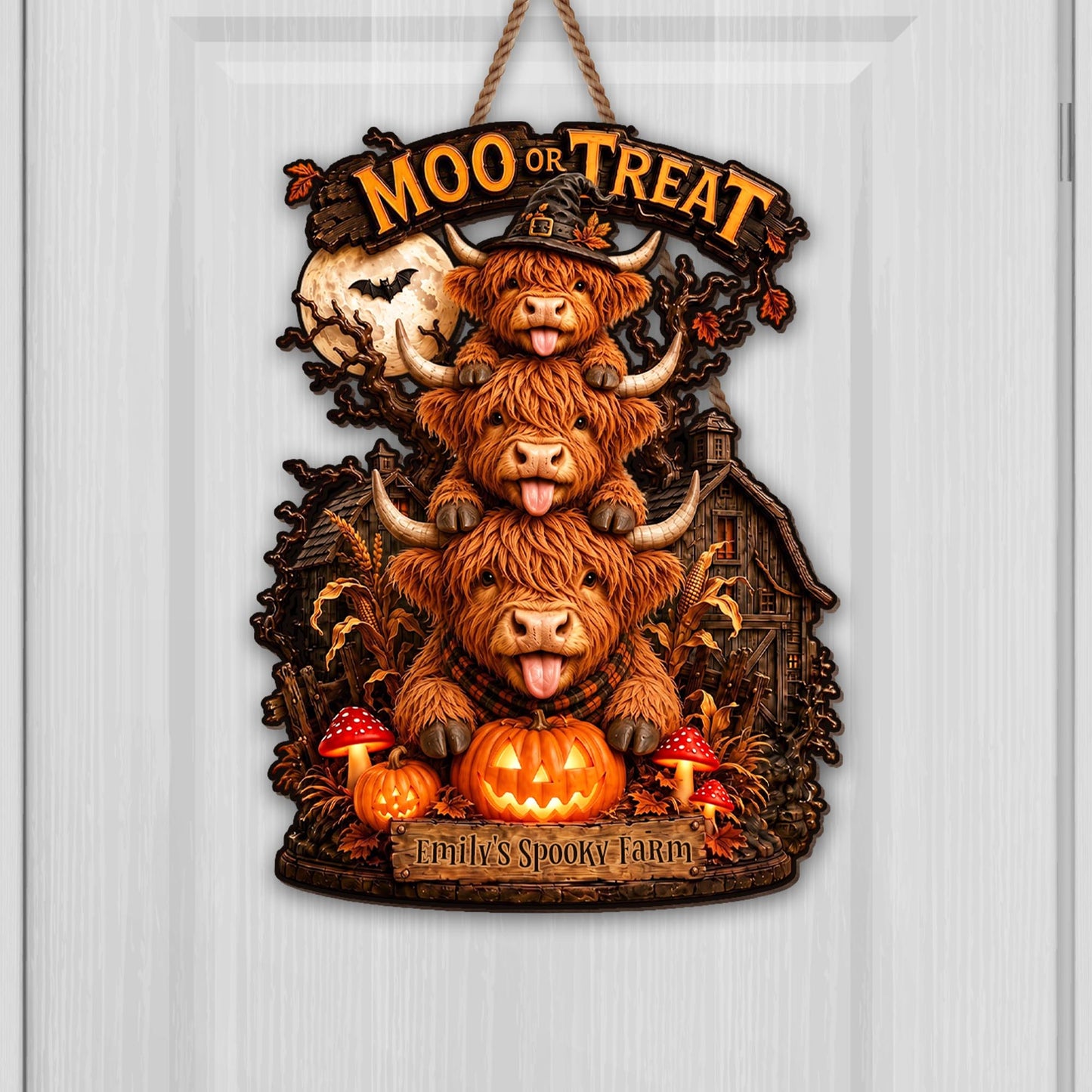 Lick Or Treat Our Spooky Farm Highland Cows And Pumpkins - Personalized Custom Shaped Wood Sign - FARM175_WSIGN