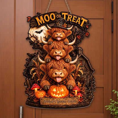 Lick Or Treat Our Spooky Farm Highland Cows And Pumpkins - Personalized Custom Shaped Wood Sign - FARM175_WSIGN