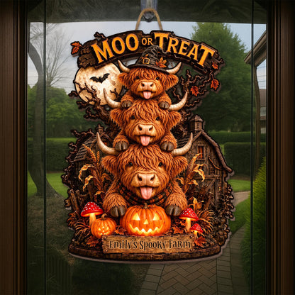 Lick Or Treat Our Spooky Farm Highland Cows And Pumpkins - Personalized Custom Shaped Wood Sign - FARM175_WSIGN