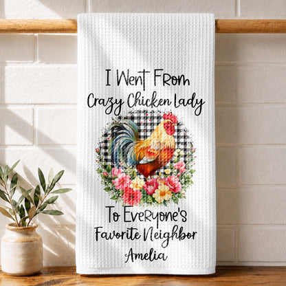 I Went From Crazy Chicken Lady Rooster Floral Plaid Pattern - Personalized Kitchen Towel - FARM208_TOWL