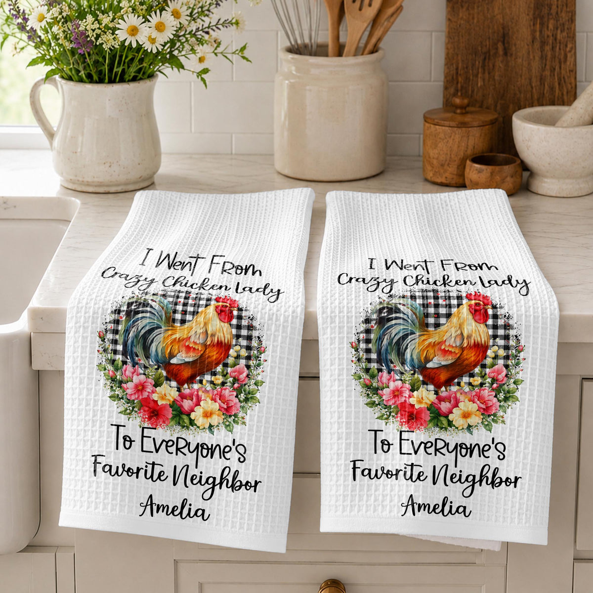 I Went From Crazy Chicken Lady Rooster Floral Plaid Pattern - Personalized Kitchen Towel - FARM208_TOWL