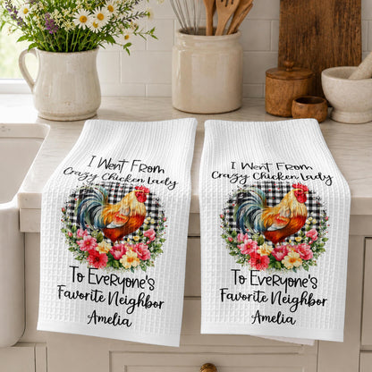 I Went From Crazy Chicken Lady Rooster Floral Plaid Pattern - Personalized Kitchen Towel - FARM208_TOWL