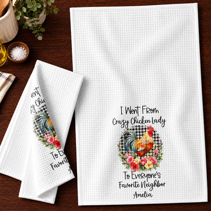 I Went From Crazy Chicken Lady Rooster Floral Plaid Pattern - Personalized Kitchen Towel - FARM208_TOWL