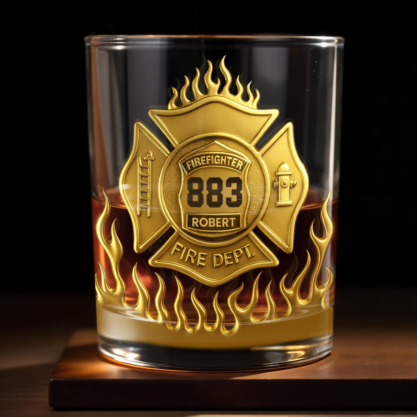 Los Angeles Firefighter, Fire Dept Badge With Flames - Personalized Custom Whiskey Glass - FIF014_RWG