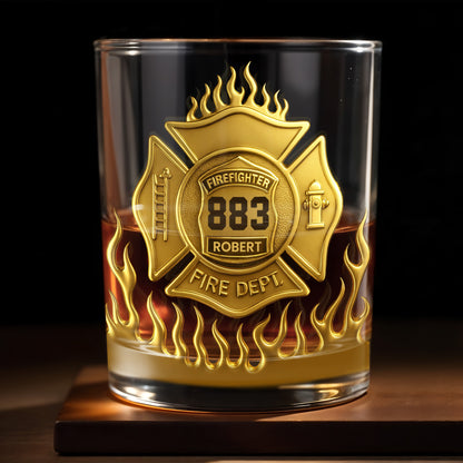 Los Angeles Firefighter, Fire Dept Badge With Flames - Personalized Custom Whiskey Glass - FIF014_RWG
