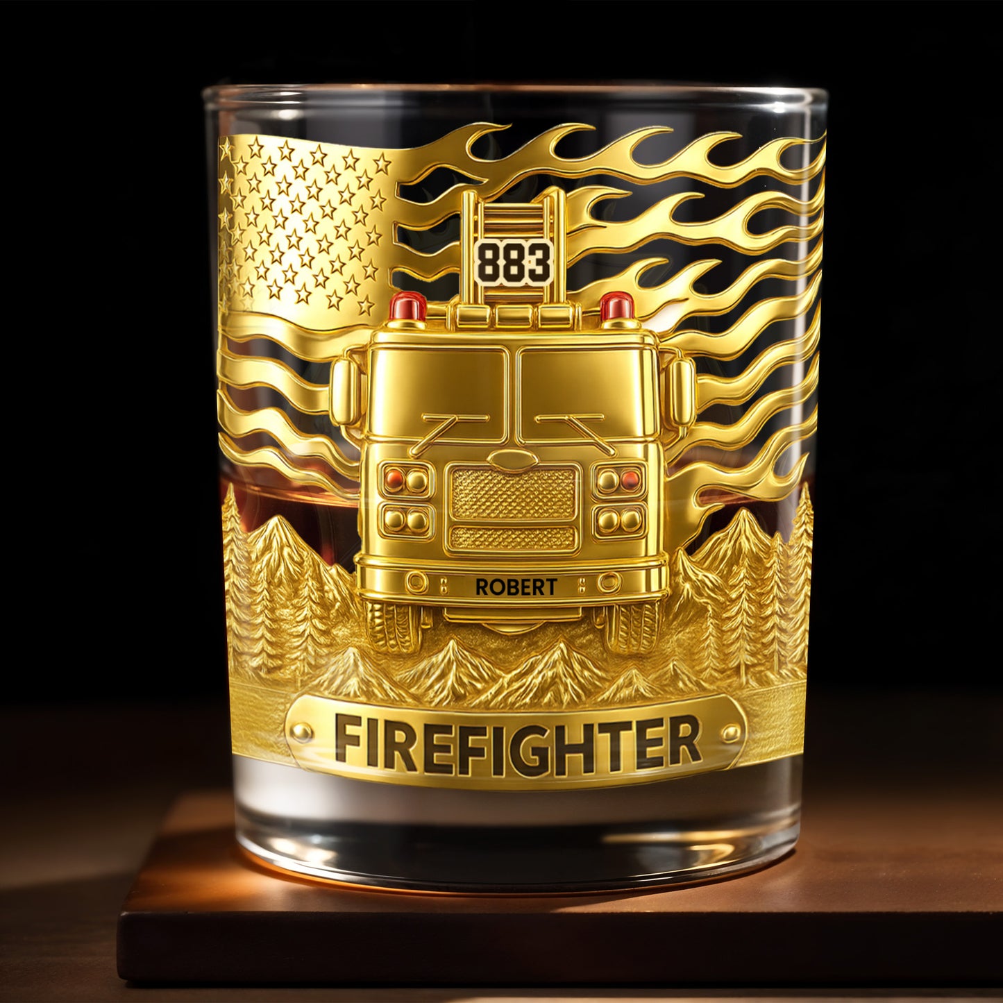Los Angeles Firefighter, Fire Dept Badge With Flames - Personalized Custom Whiskey Glass - FIF014_RWG