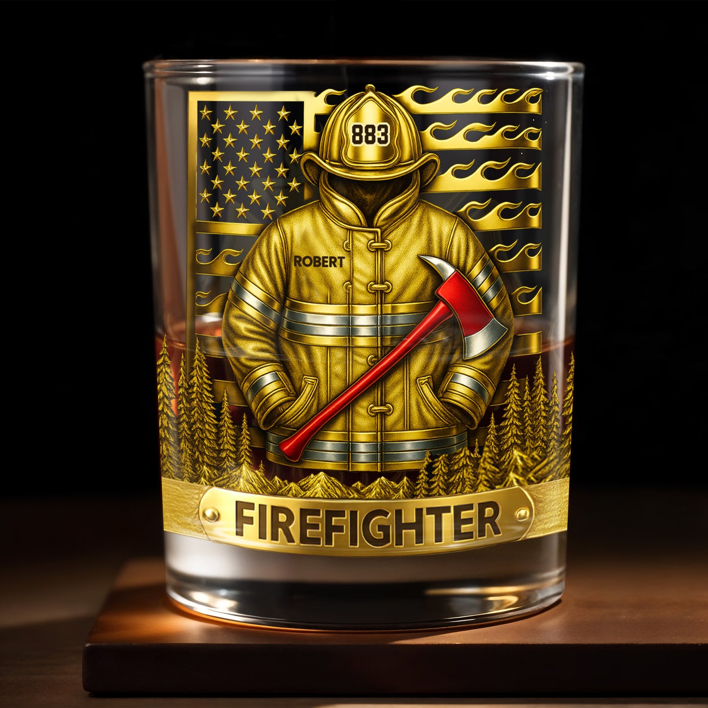 Los Angeles Firefighter, Fire Dept Badge With Flames - Personalized Custom Whiskey Glass - FIF014_RWG
