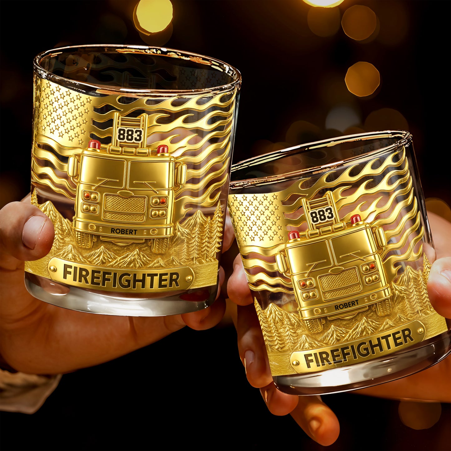 Los Angeles Firefighter, Fire Dept Badge With Flames - Personalized Custom Whiskey Glass - FIF014_RWG