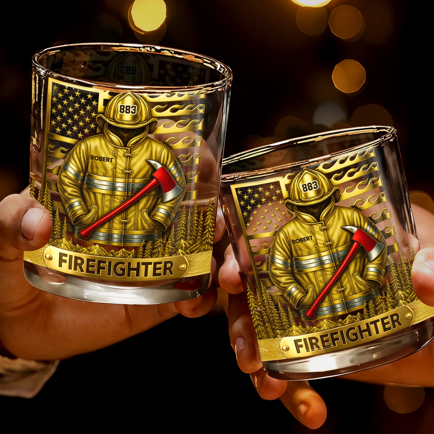 Los Angeles Firefighter, Fire Dept Badge With Flames - Personalized Custom Whiskey Glass - FIF014_RWG