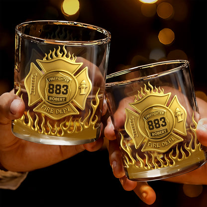 Los Angeles Firefighter, Fire Dept Badge With Flames - Personalized Custom Whiskey Glass - FIF014_RWG