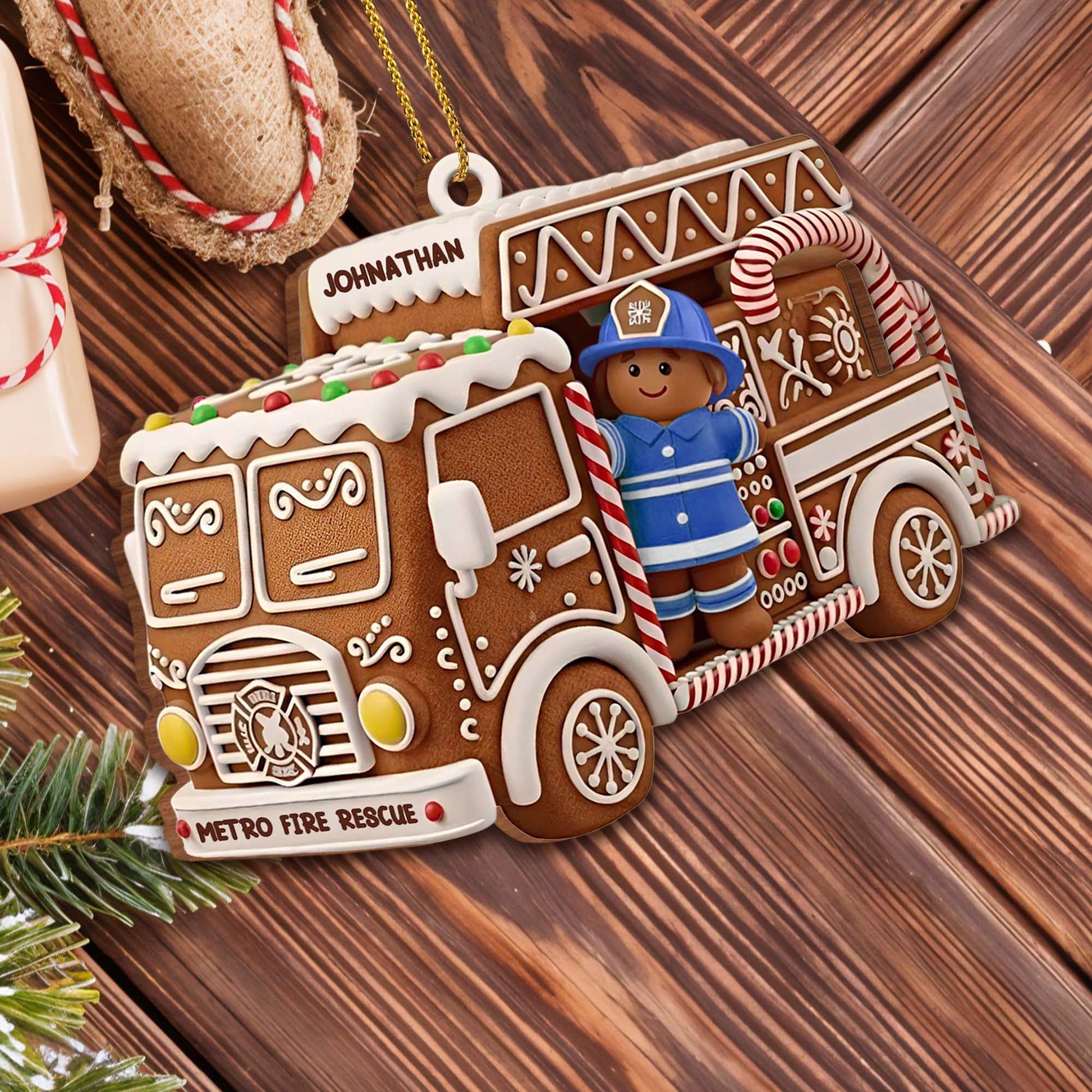Festive Fire Truck Ornament With Firefighter