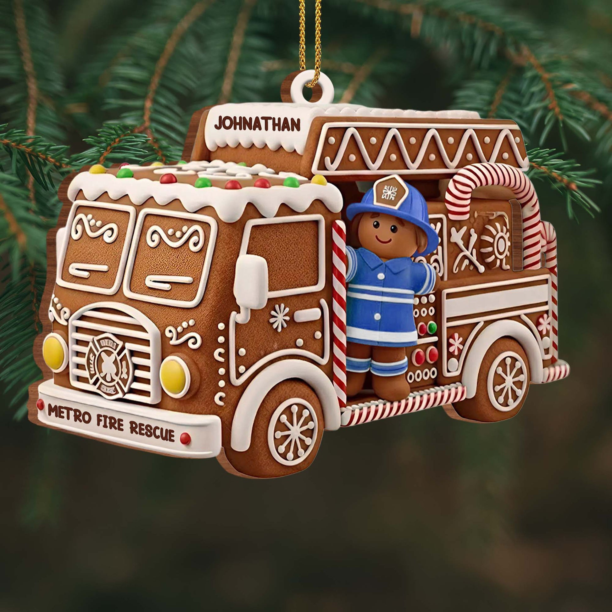 Festive Fire Truck Ornament With Firefighter