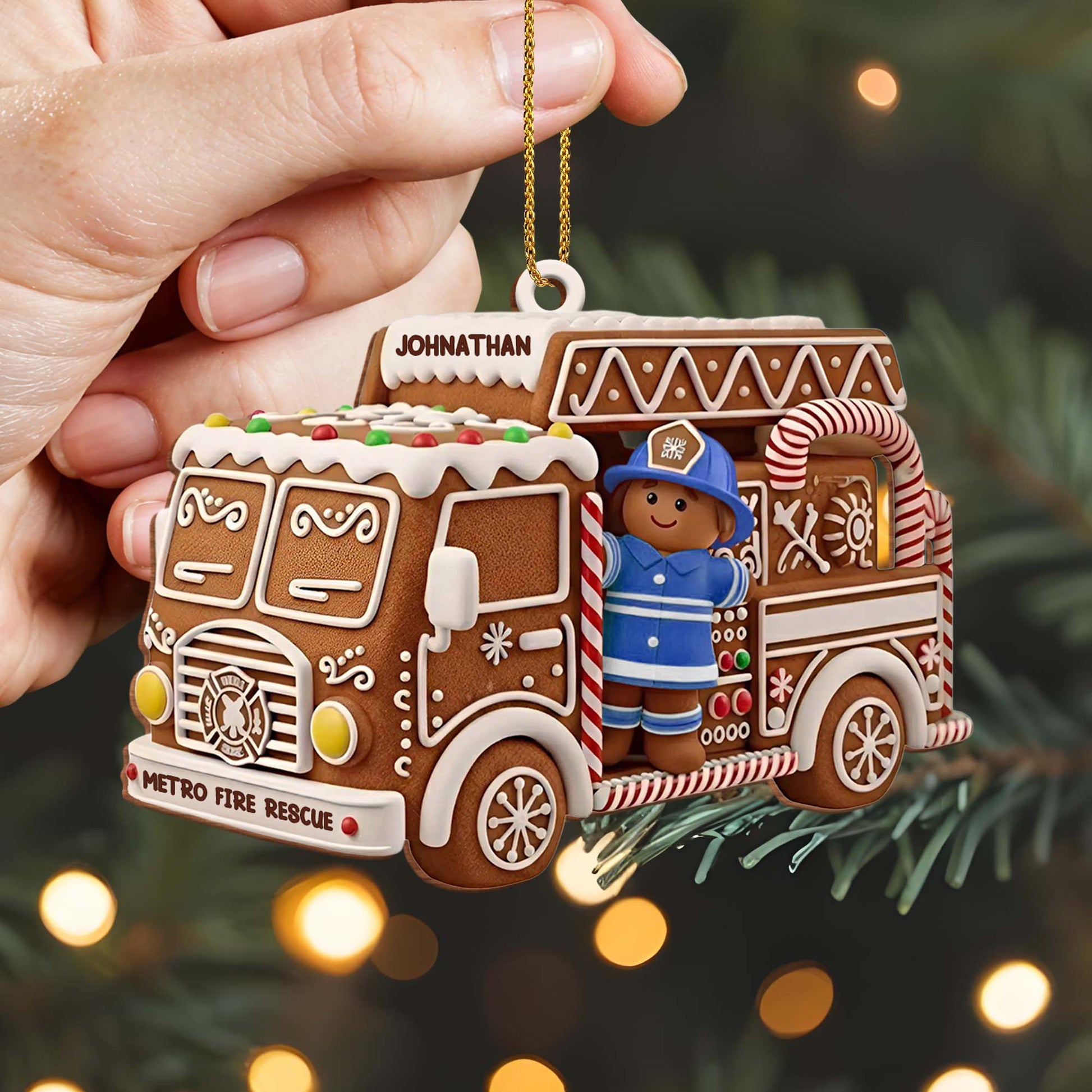 Festive Fire Truck Ornament With Firefighter