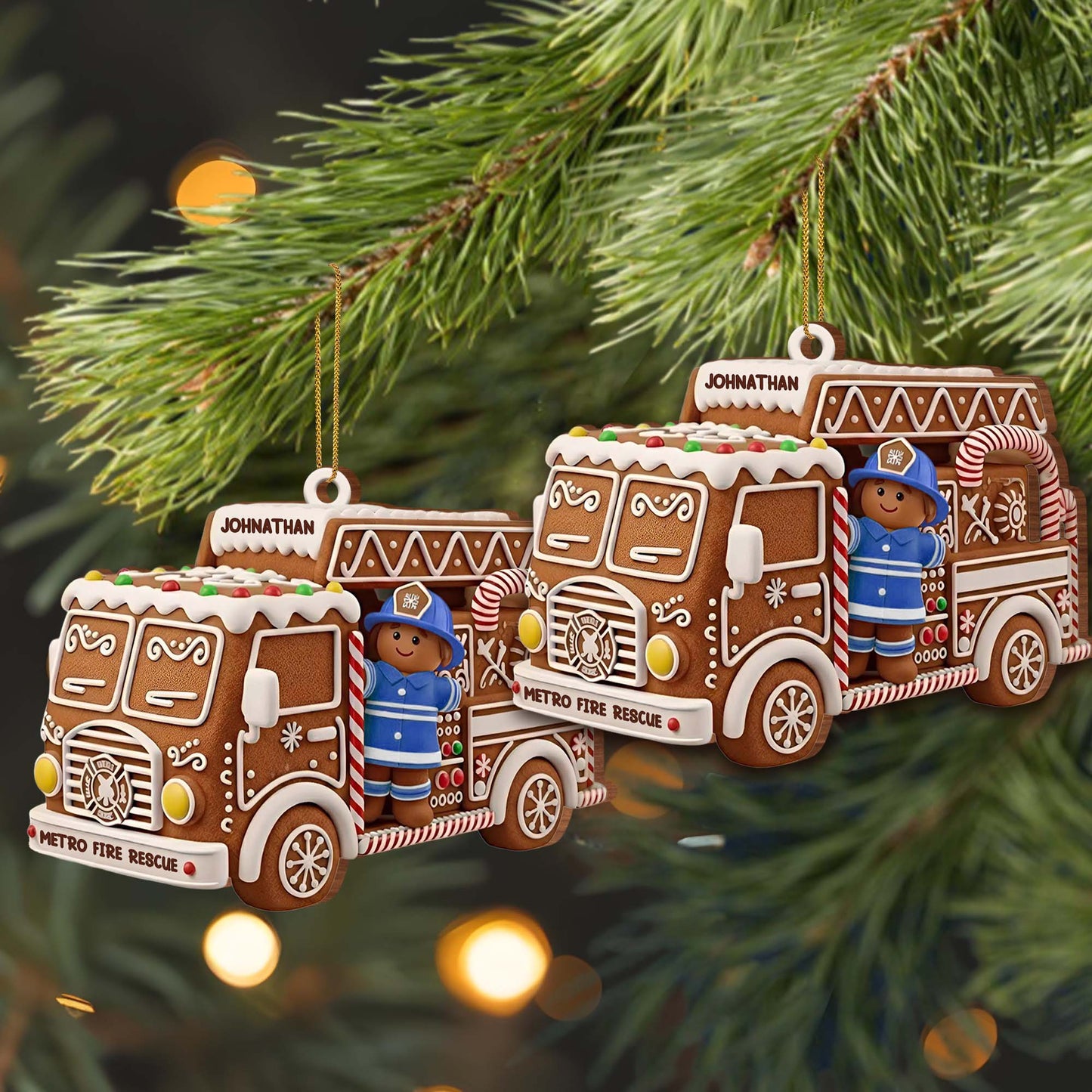 Festive Fire Truck Ornament With Firefighter